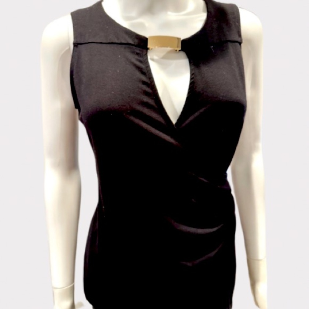 Cache Sexy Key Hole Ruched Faux Wrap Top with Gold Accent Black Medium